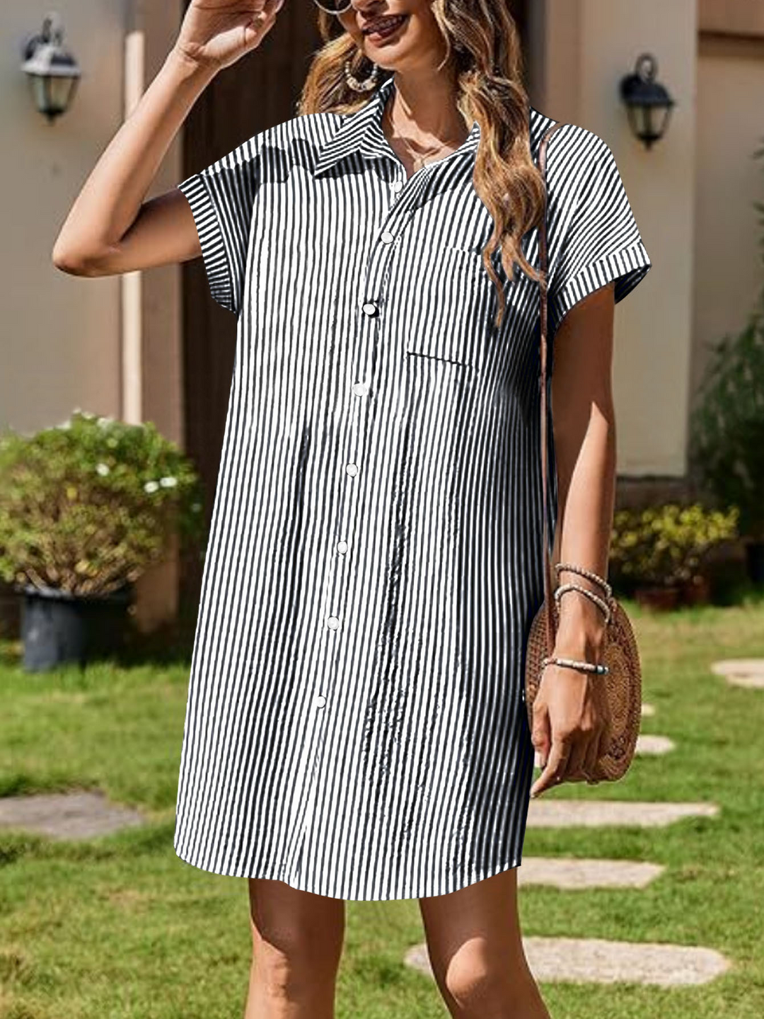 Women’s Shirt Dress with Striped Print & Chest Pocket | Mini