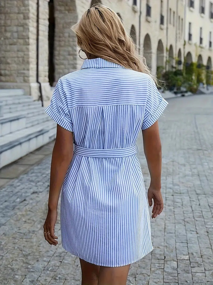 Women's Shirt Dress with Tie Waist & Collared | Striped Mini