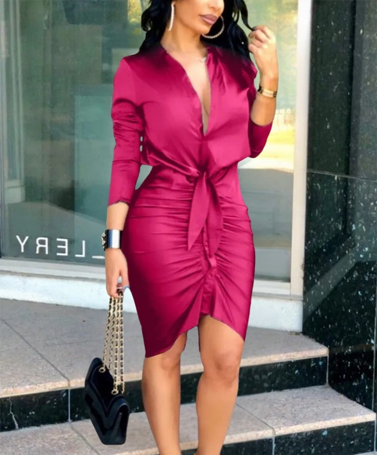 Women’s Shirt Dress with Tie Waist & Ruched Skirt | Long Sleeve