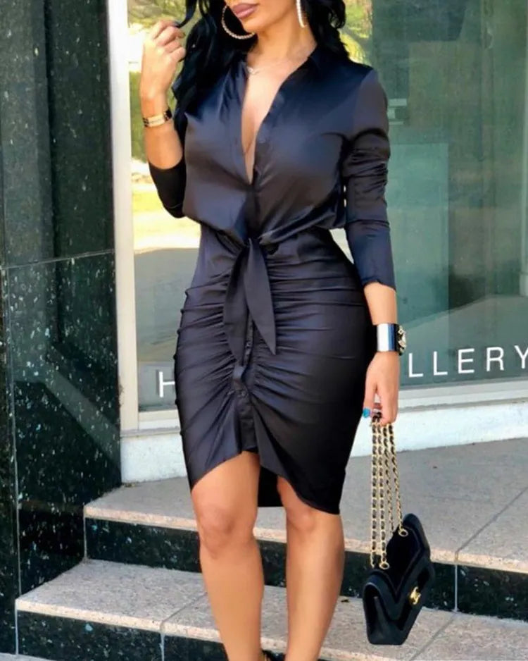 Women’s Shirt Dress with Tie Waist & Ruched Skirt | Long Sleeve