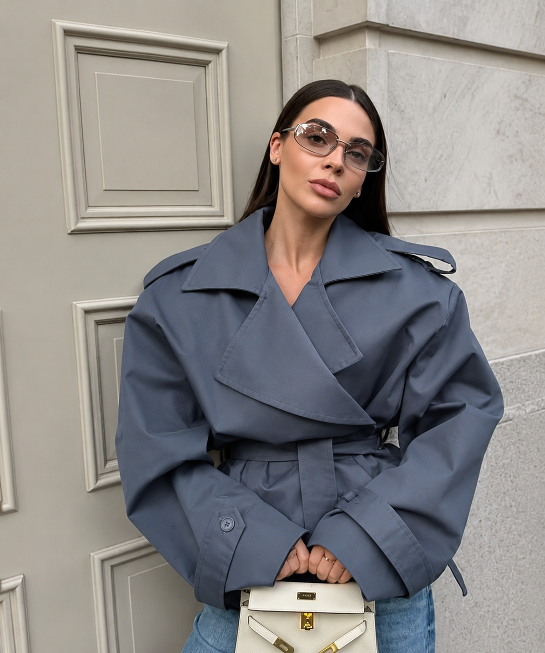 Women's Short Trench Coat with Belt | Oversized