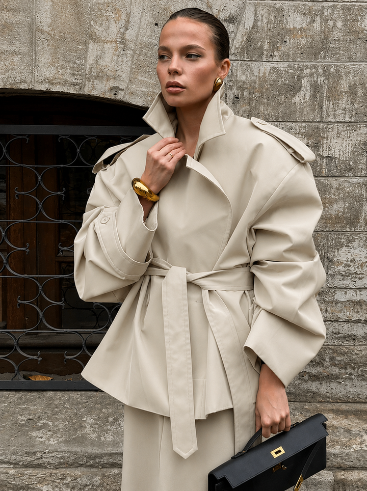 Women's Short Trench Coat with Belt | Oversized