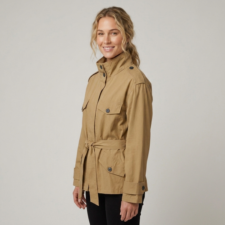 Women's Short Trench Coat with Tie Belt & Flap Pockets | Epaulettes