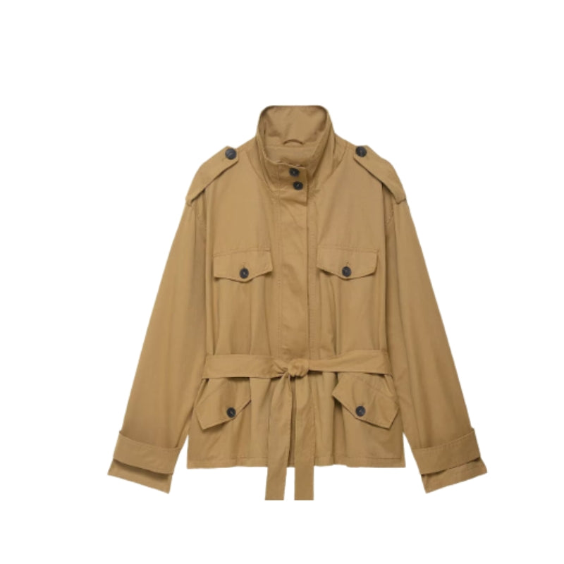 Women's Short Trench Coat with Tie Belt & Flap Pockets | Epaulettes
