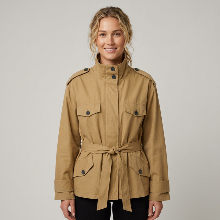 Women's Short Trench Coat with Tie Belt & Flap Pockets | Epaulettes
