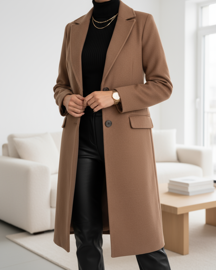 Women's Single-Breasted Trench Coat with Notched Lapel & Flap Pockets | Long