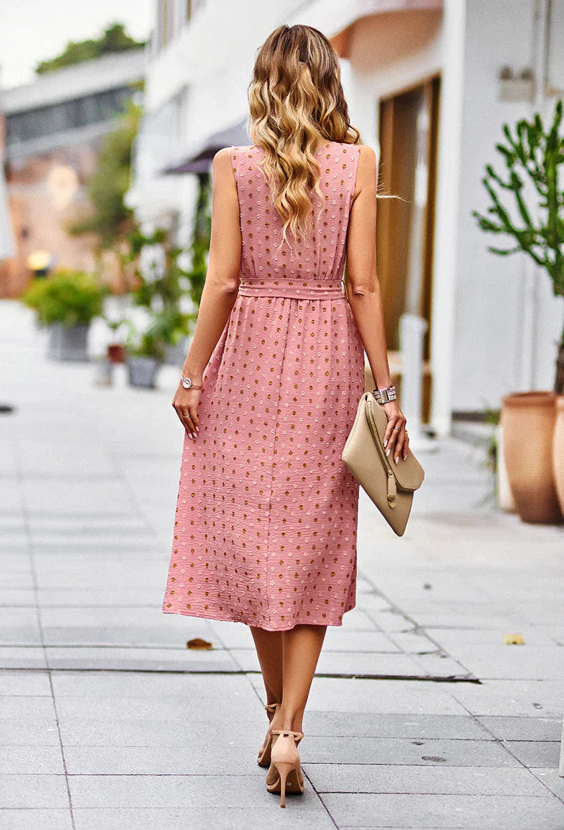 Women's Sleeveless Midi Dress with Polka Dot Print & Tie Waist | Wrap