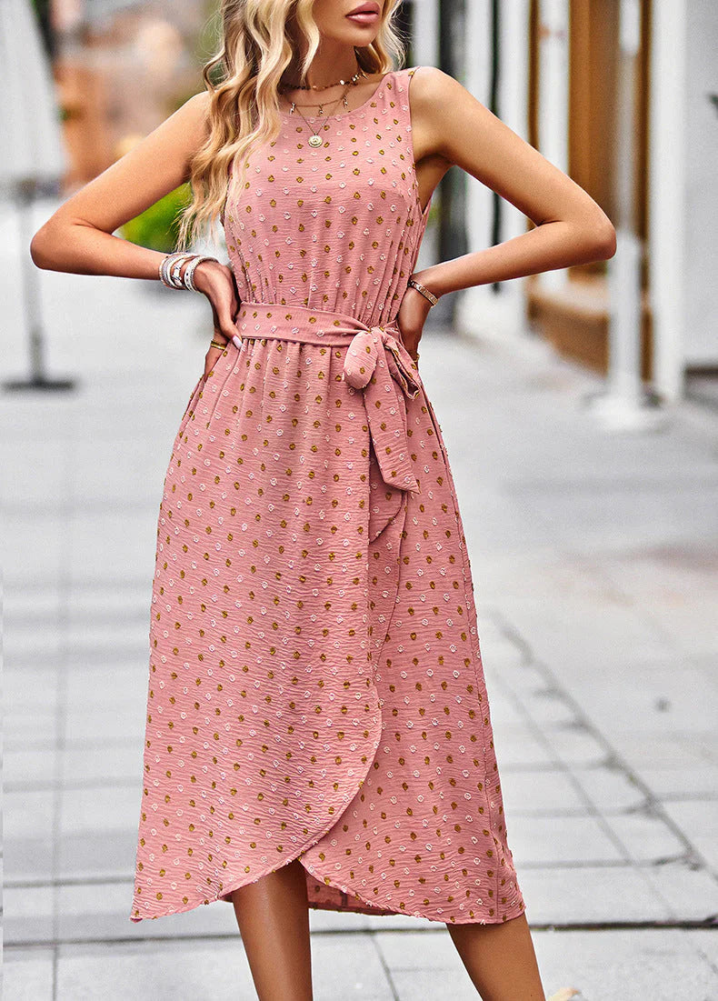 Women's Sleeveless Midi Dress with Polka Dot Print & Tie Waist | Wrap