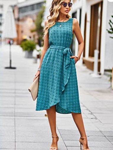 Women's Sleeveless Midi Dress with Polka Dot Print & Tie Waist | Wrap