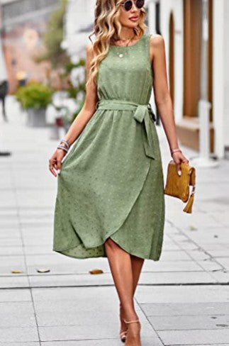 Women's Sleeveless Midi Dress with Polka Dot Print & Tie Waist | Wrap