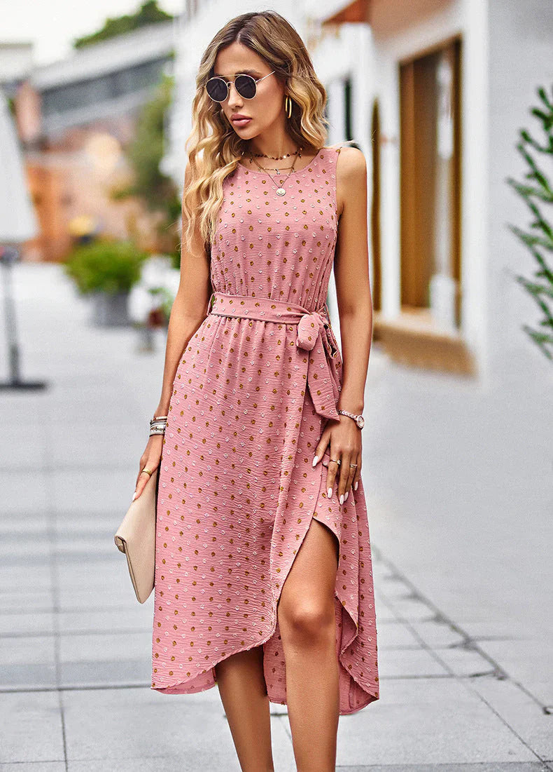 Women's Sleeveless Midi Dress with Polka Dot Print & Tie Waist | Wrap