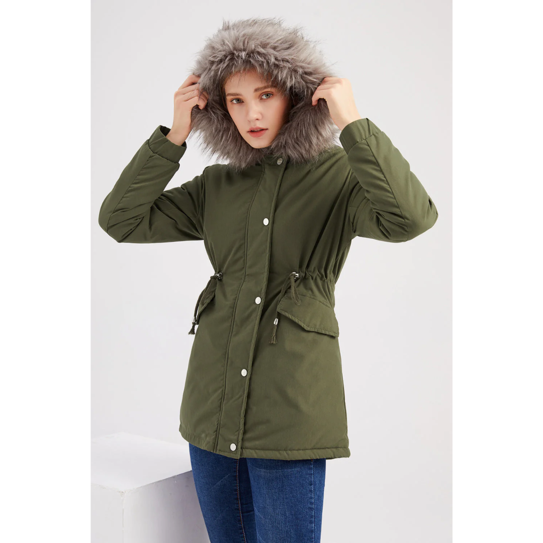 Women's Snow Jacket with Hood Trim & Drawstring Waist | Lined