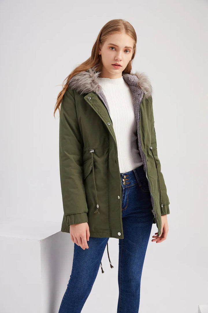Women's Snow Jacket with Hood Trim & Drawstring Waist | Lined