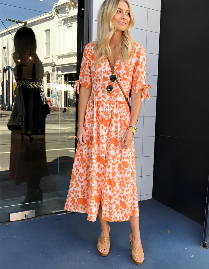 Women's Spring Dress with Button Front & Floral | Midi