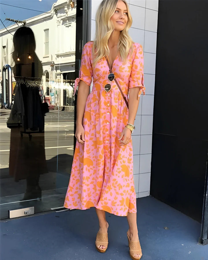 Women's Spring Dress with Button Front & Floral | Midi