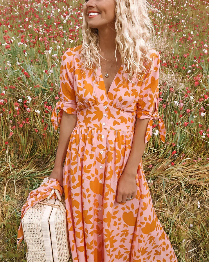 Women's Spring Dress with Button Front & Floral | Midi