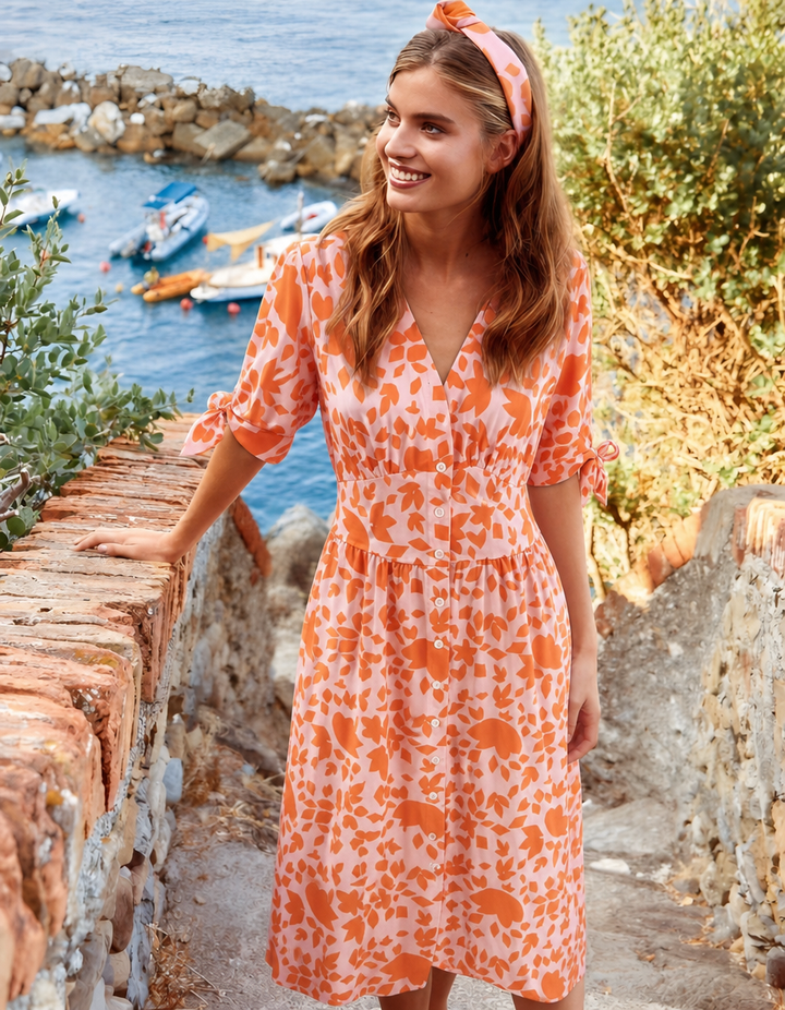 Women's Spring Dress with Button Front & Floral | Midi