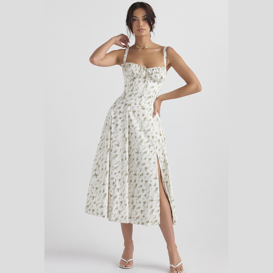 Women's Spring Dress with Corset Bust | Floral Midi