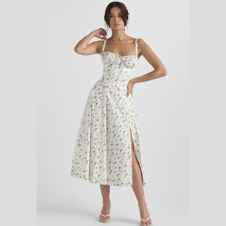 Women's Spring Dress with Corset Bust | Floral Midi