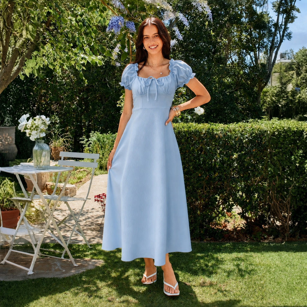 Women's Spring Dress with Puff Sleeves | Maxi