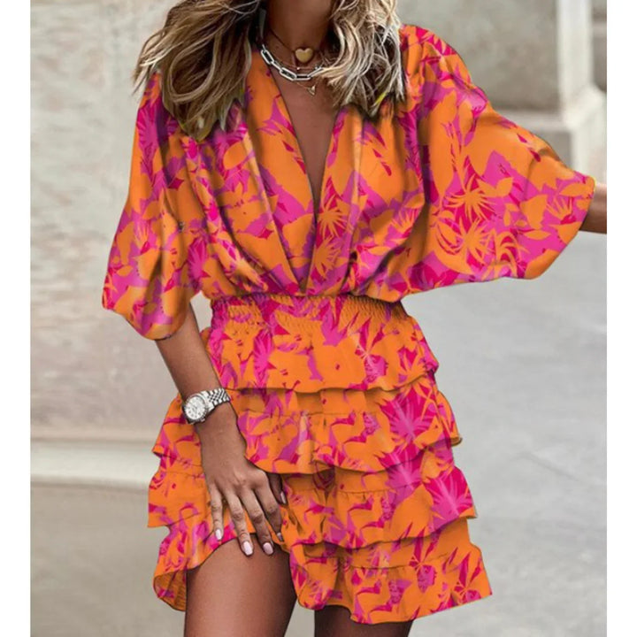 Women's Spring Dress with V-Neck & Floral Print | Tiered Mini