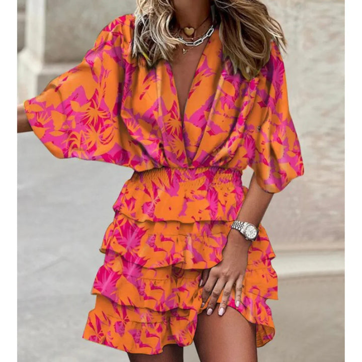 Women's Spring Dress with V-Neck & Floral Print | Tiered Mini