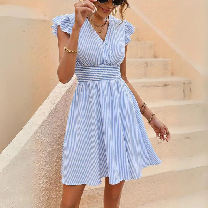 Women's Spring Dress with V-Neck & Stripes | Sleeveless Mini