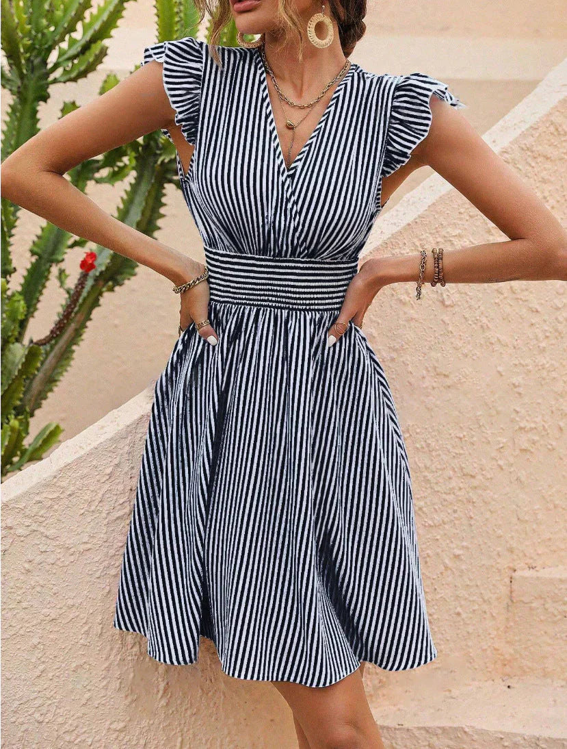 Women's Spring Dress with V-Neck & Stripes | Sleeveless Mini