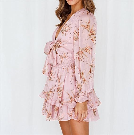 Women's Spring Dress with Wrap V-Neck & Floral | Long Sleeve