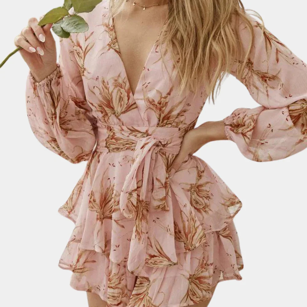 Women's Spring Dress with Wrap V-Neck & Floral | Long Sleeve