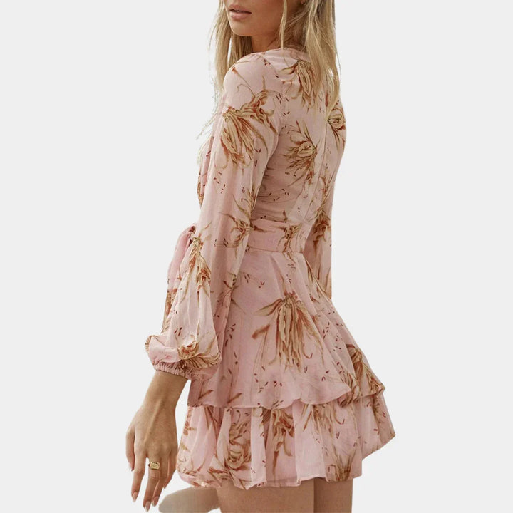 Women's Spring Dress with Wrap V-Neck & Floral | Long Sleeve