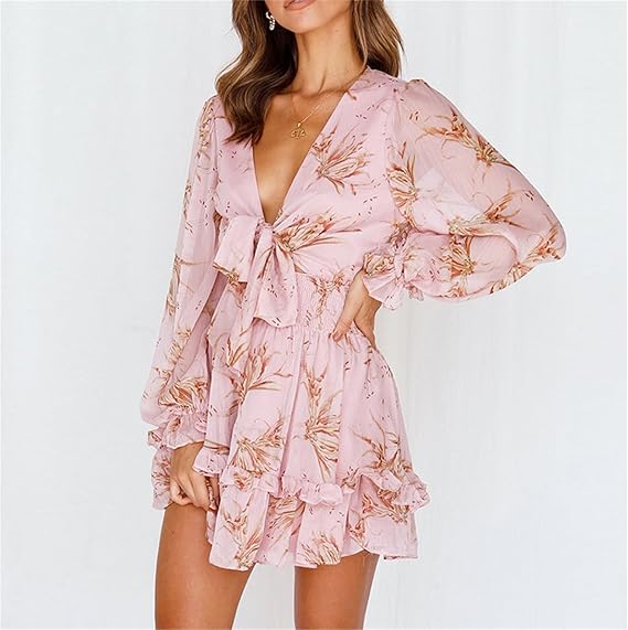 Women's Spring Dress with Wrap V-Neck & Floral | Long Sleeve
