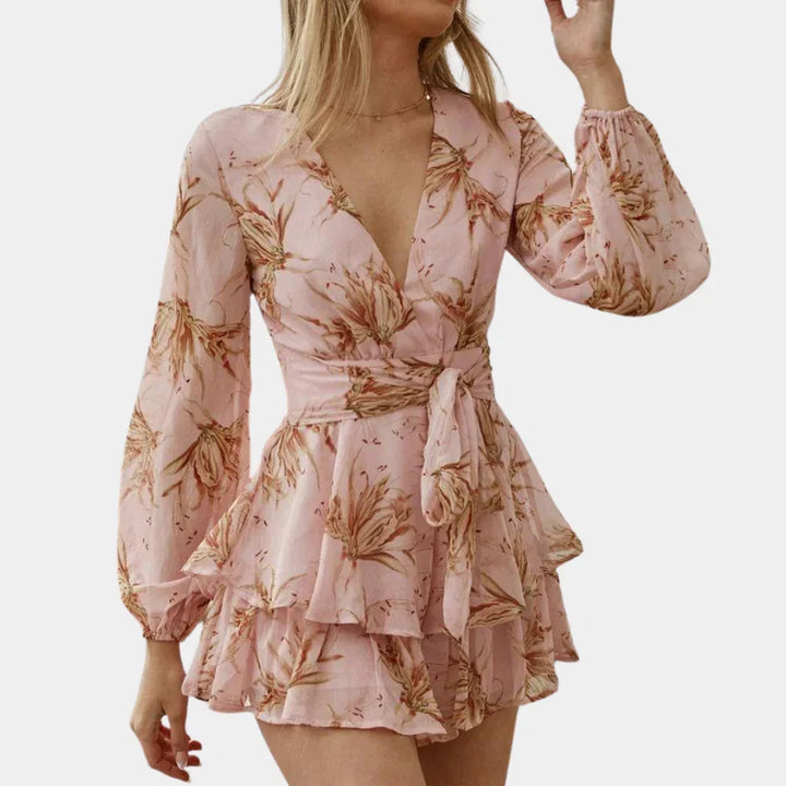 Women's Spring Dress with Wrap V-Neck & Floral | Long Sleeve