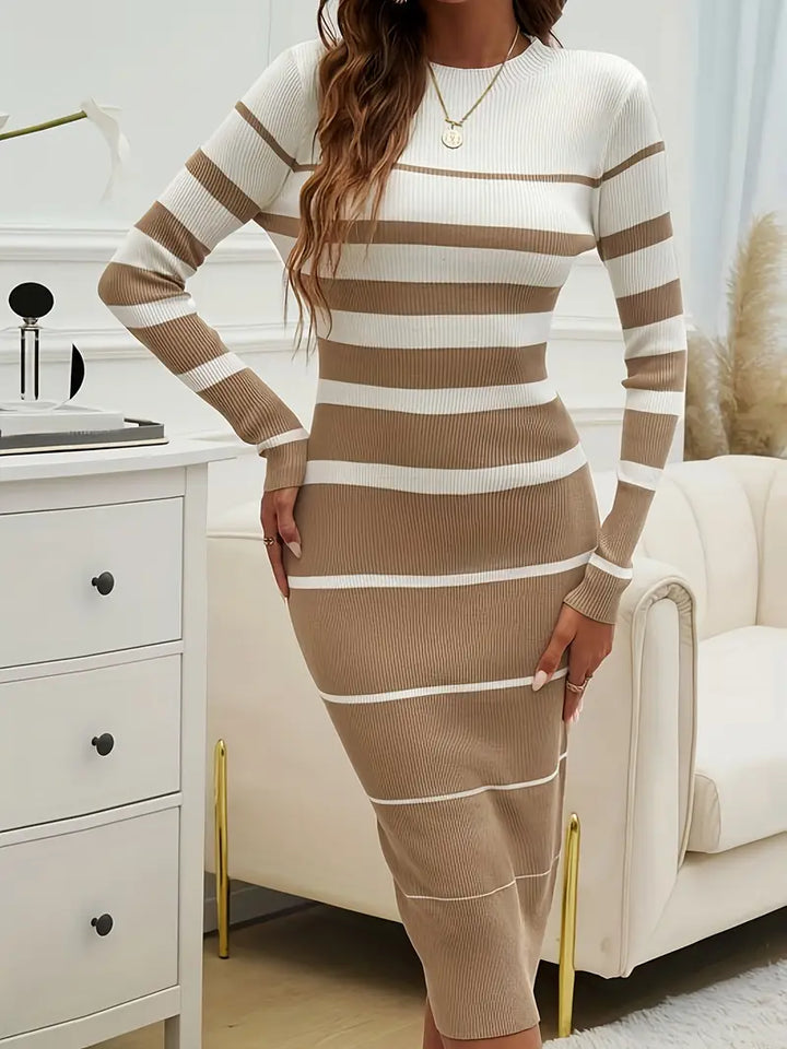 Women's Striped Knit Dress with Long Sleeves | Midi