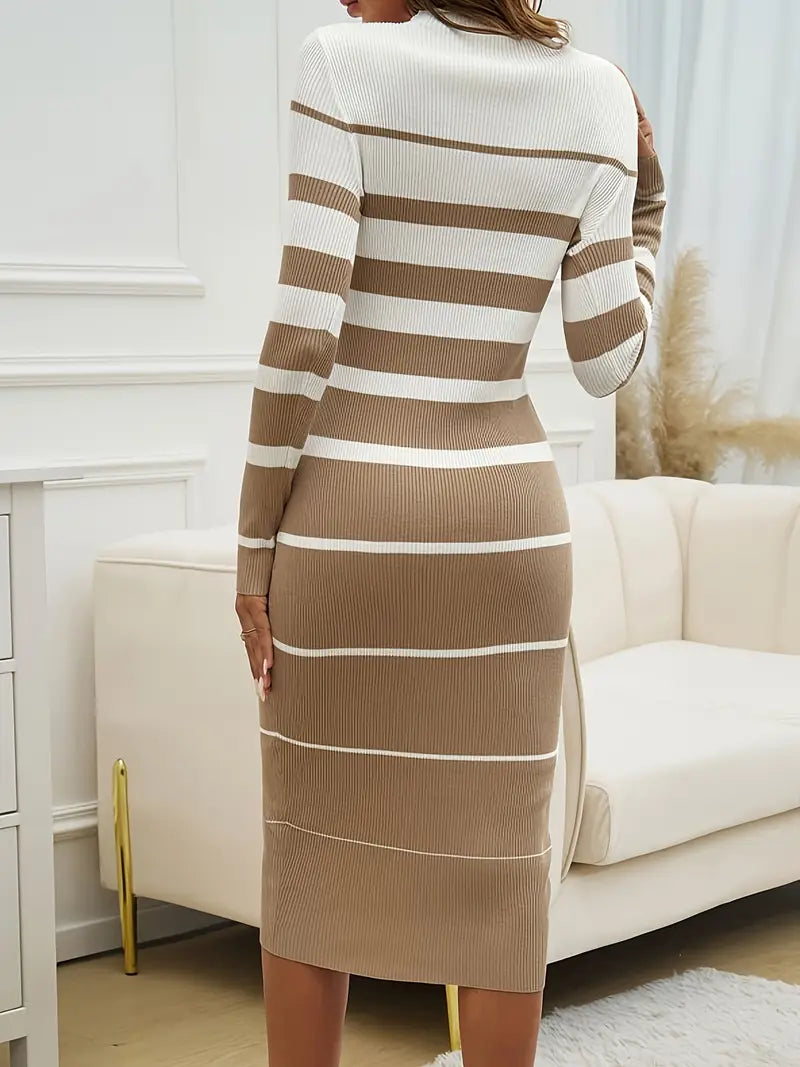 Women's Striped Knit Dress with Long Sleeves | Midi