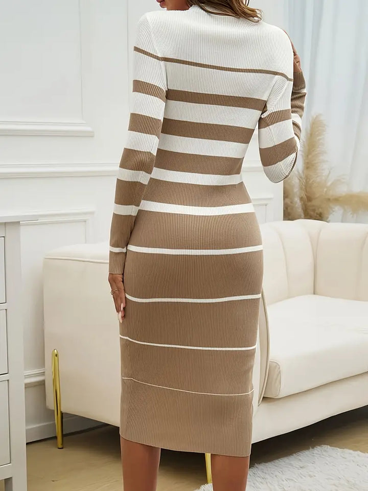 Women's Striped Knit Dress with Long Sleeves | Midi