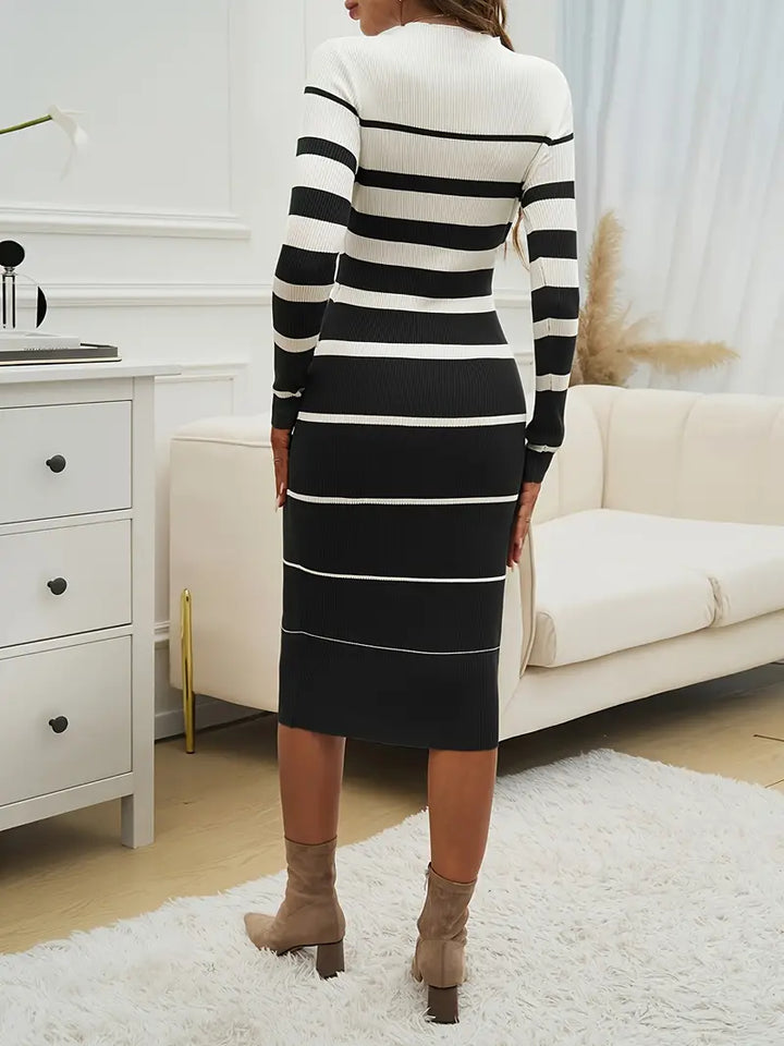 Women's Striped Knit Dress with Long Sleeves | Midi