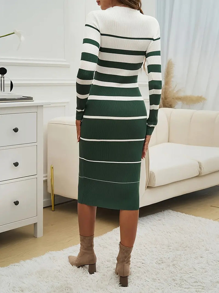 Women's Striped Knit Dress with Long Sleeves | Midi