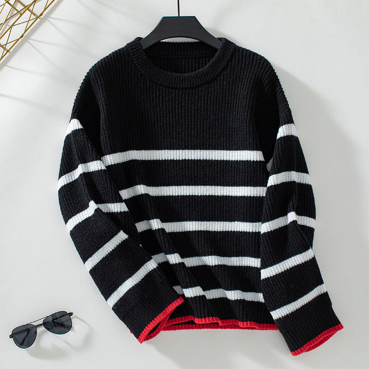 Women's Striped Knit Sweater with Red Trim | Oversized