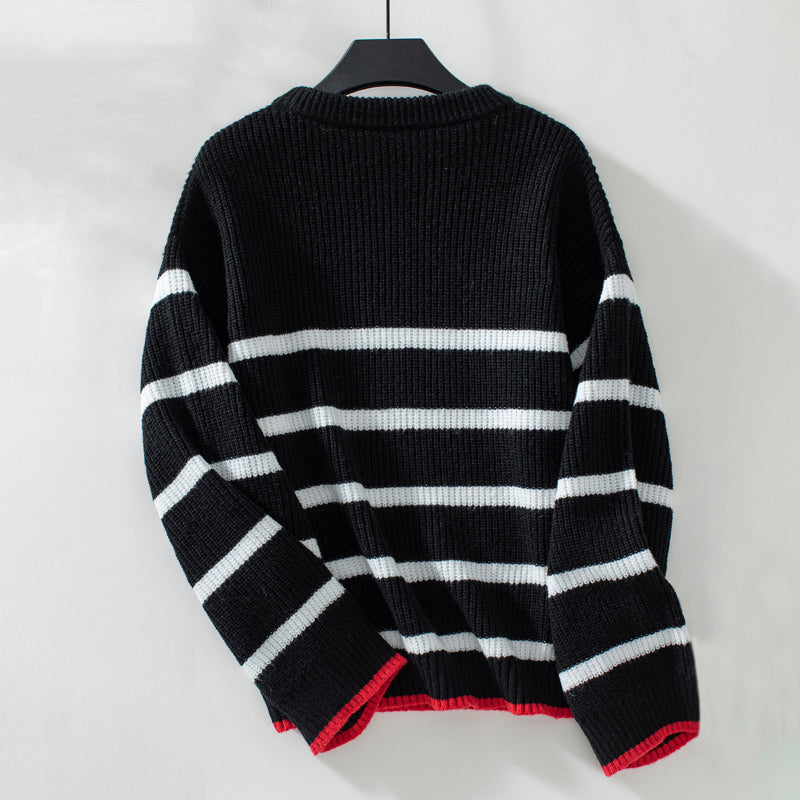 Women's Striped Knit Sweater with Red Trim | Oversized
