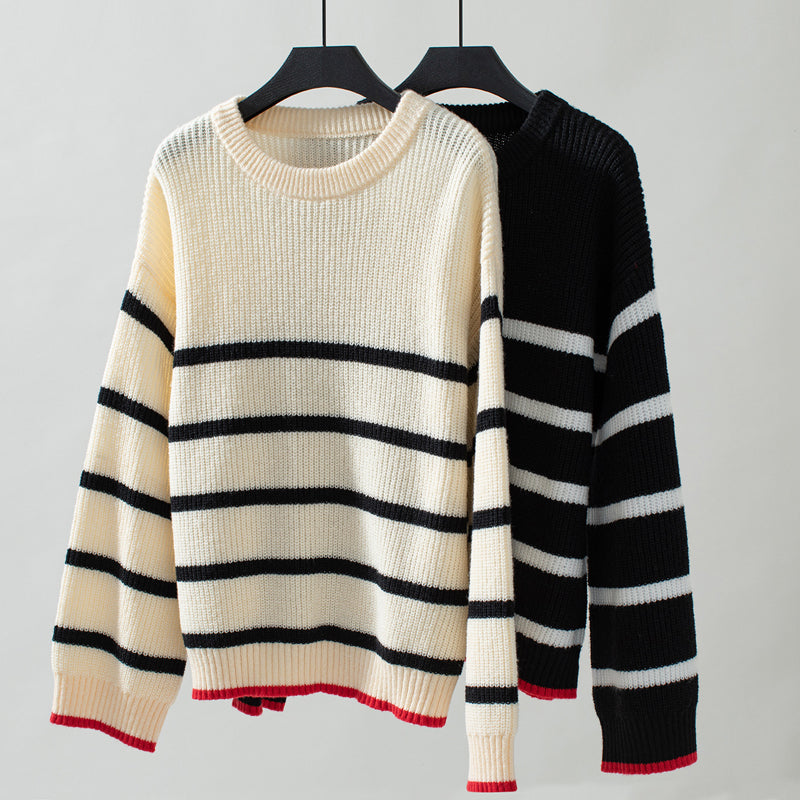 Women's Striped Knit Sweater with Red Trim | Oversized