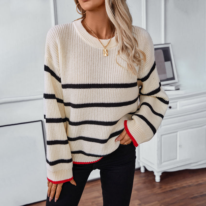 Women's Striped Knit Sweater with Red Trim | Oversized