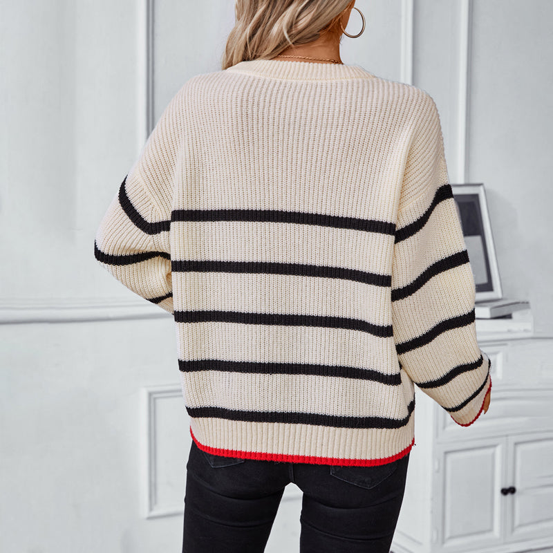 Women's Striped Knit Sweater with Red Trim | Oversized