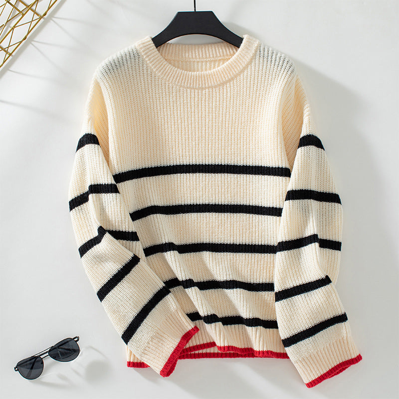Women's Striped Knit Sweater with Red Trim | Oversized