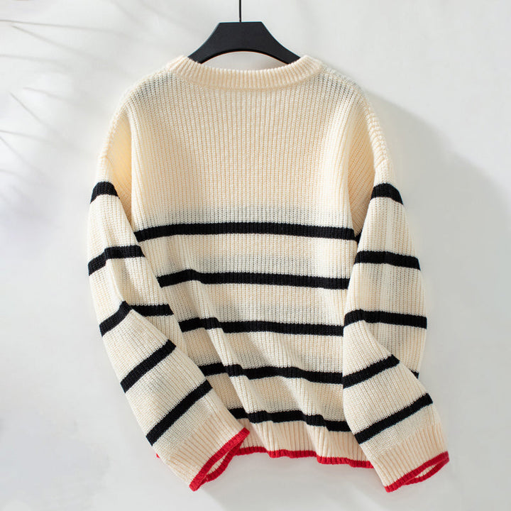 Women's Striped Knit Sweater with Red Trim | Oversized