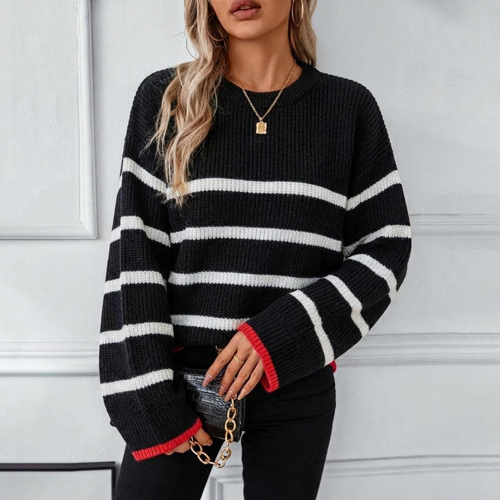 Women's Striped Knit Sweater with Red Trim | Oversized