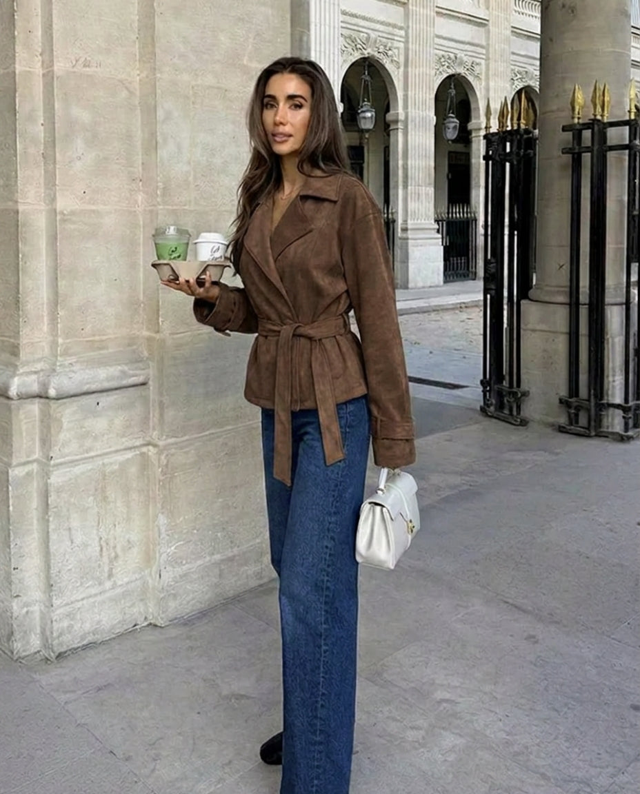 Women's Suede Jacket with Belted Waist & Notched Lapel | Retro