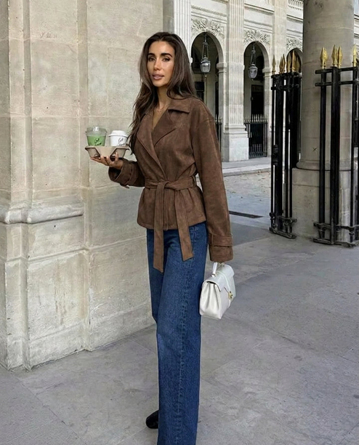 Women's Suede Jacket with Belted Waist & Notched Lapel | Retro