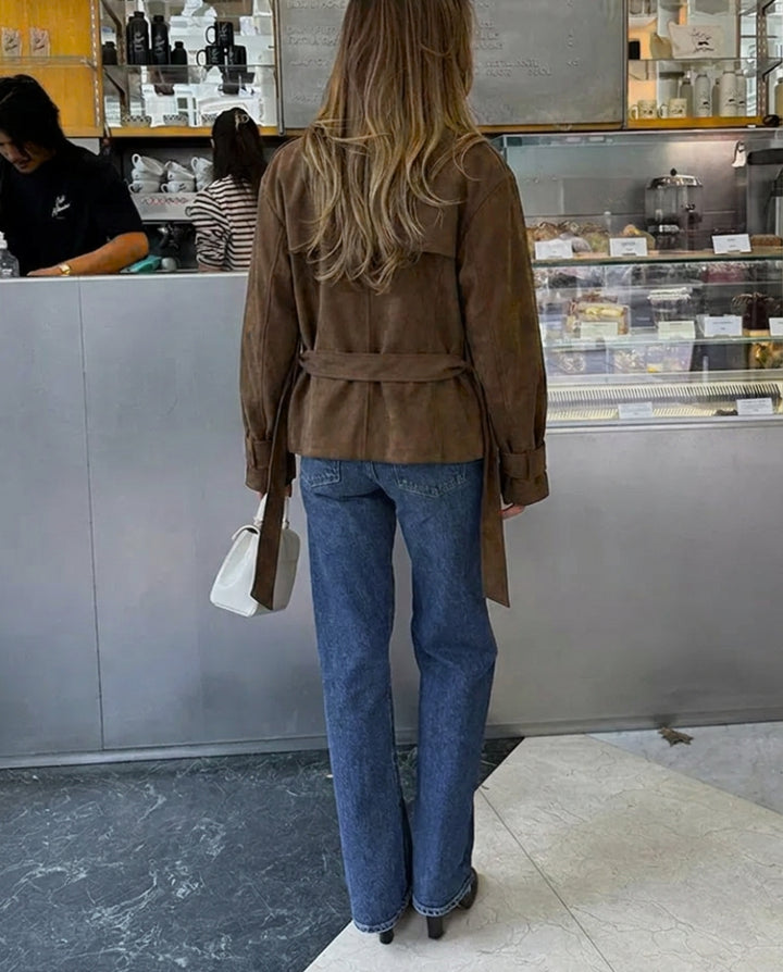 Women's Suede Jacket with Belted Waist & Notched Lapel | Retro