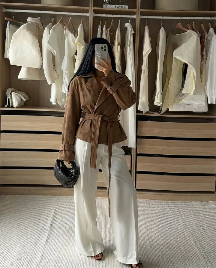 Women's Suede Jacket with Belted Waist & Notched Lapel | Retro